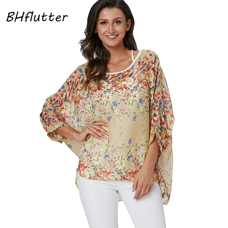 BHflutter Women Blouses 2019 Batwing Floral Print Chiffon Blouse Shirt Ladies Vintage Summer Tunic Tops Plus Size blusa mujer