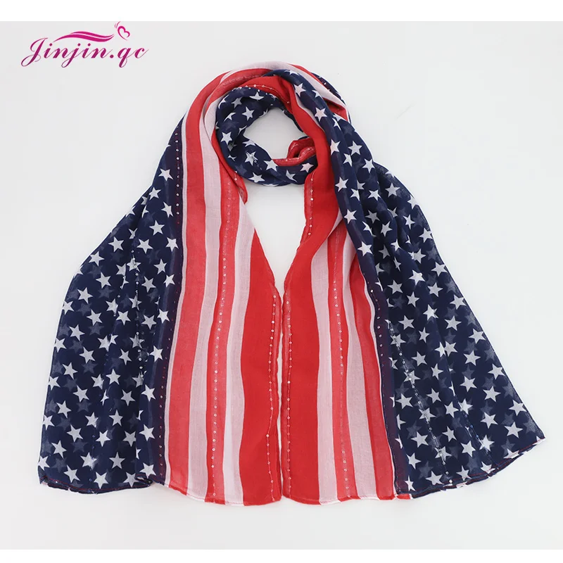 Jinjin.QC Women Scarf United States Flag Stars Lines Pattern Blue Red Stylish Fashion Excellent Quality Viscose Material Woman