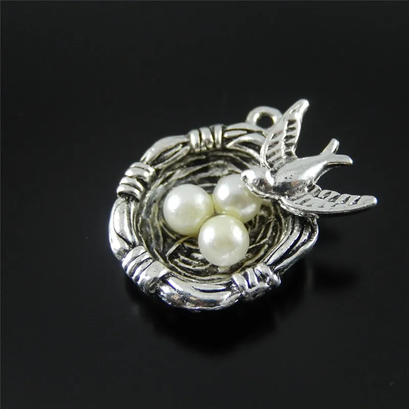 JulieWang 5PCS Mini Charm Alloy Retro Silver Plated Bird's Nest with ABS Greated Pearl  Pendant Charms Handmade Hanging Tops