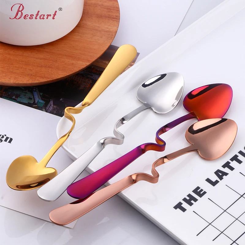 

4PCS Coffee Spoon Honey Shape Creative Tea/Coffee Cup Hanging Spoons Set 304 Stainless Steel Rose Gold Heart Teaspoon Tableware