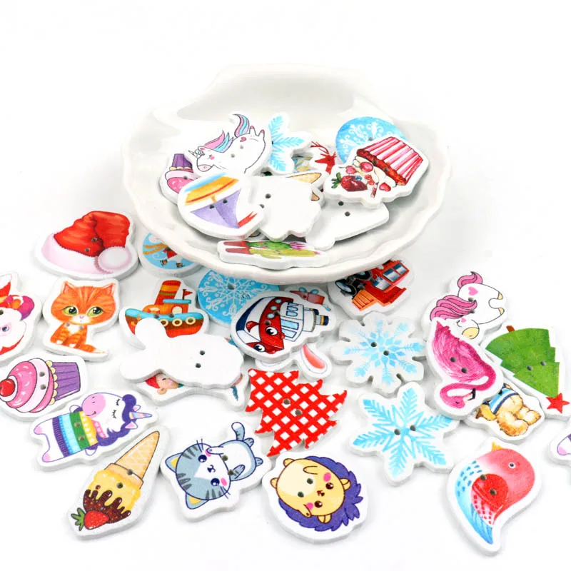 Wooden Christmas Cartoon Animals Pattern Buttons Handmade Sewing Clothing Scrapbooking Crafts  DIY  2 Holes 20-35mm 20pcs