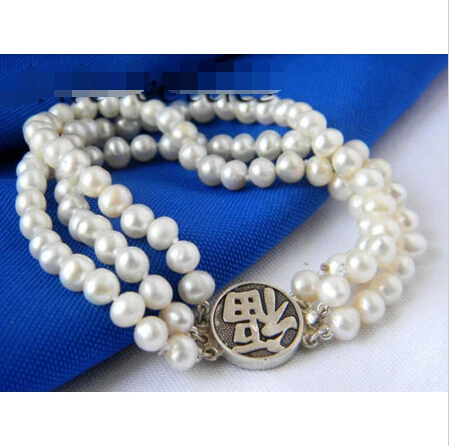 

Серебряный браслет с Белым Круглым пресноводным жемчугом, 3 пряди, 8 дюймов, 7-8 мм