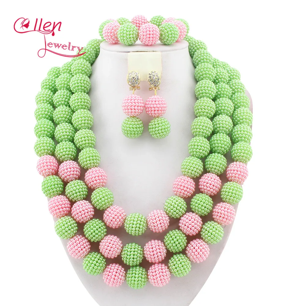 Gorgeous Apple green&Pink Beads Balls African Necklace Jewelry Set Nigerian Beaded Wedding Jewelry Set Free Shipping W10347