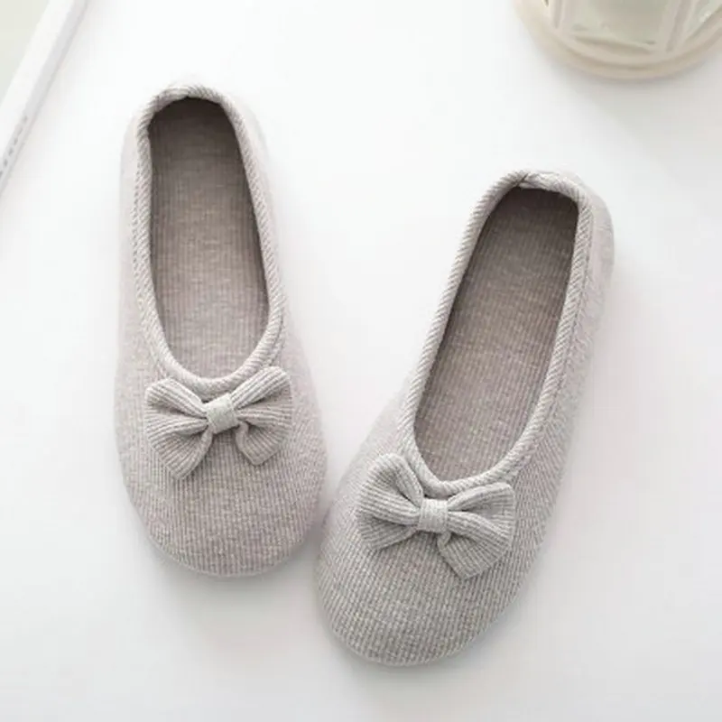 Lovely Bowtie Autumn Women Home Slippers For Indoor Bedroom Soft Bottom Cotton Warm Shoes Adult Guests Flats Non-Sip Girl Shoes