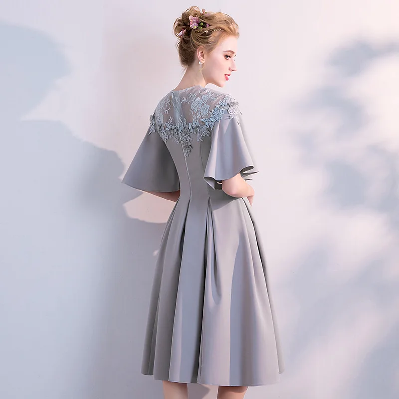 JaneVini Elegante Korte Grey Prom Dress Puffy Korte Mouwen EEN Lijn Kant Applicaties Kralen Illusion Terug Satijn Formele Party Jurken