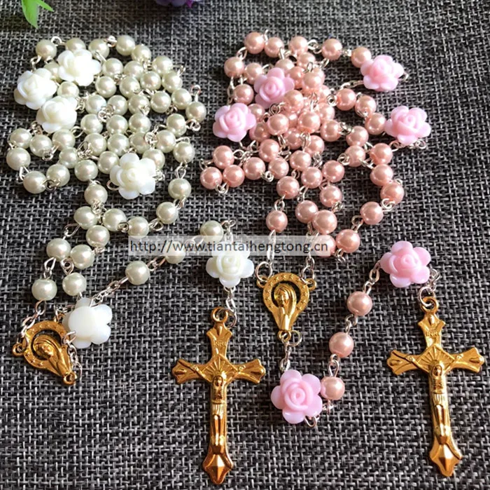 glass pearl rosary,immitation pearl rosary necklace with rose flower connector golden virgin mary medal and jesus cross