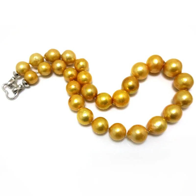 17 inches 12-17mm Large Round Golden Nucleated Edison Pearl Necklace with Heart Sterling Silver Clasp