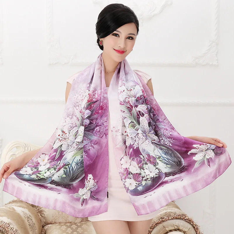 DANKEYISI Women Mulberry Silk Scarf Shawl Spring Autumn Female Genuine Silk Scarves Long Printed Shawls Beach Cover-ups 172*55cm