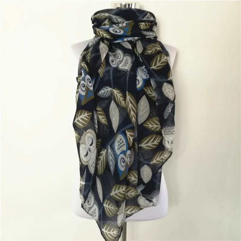 New Cute Animal Black White Blue Cartoon Owl Print Scarf Snood Shawls For Ladies bird long scarf for women scarves