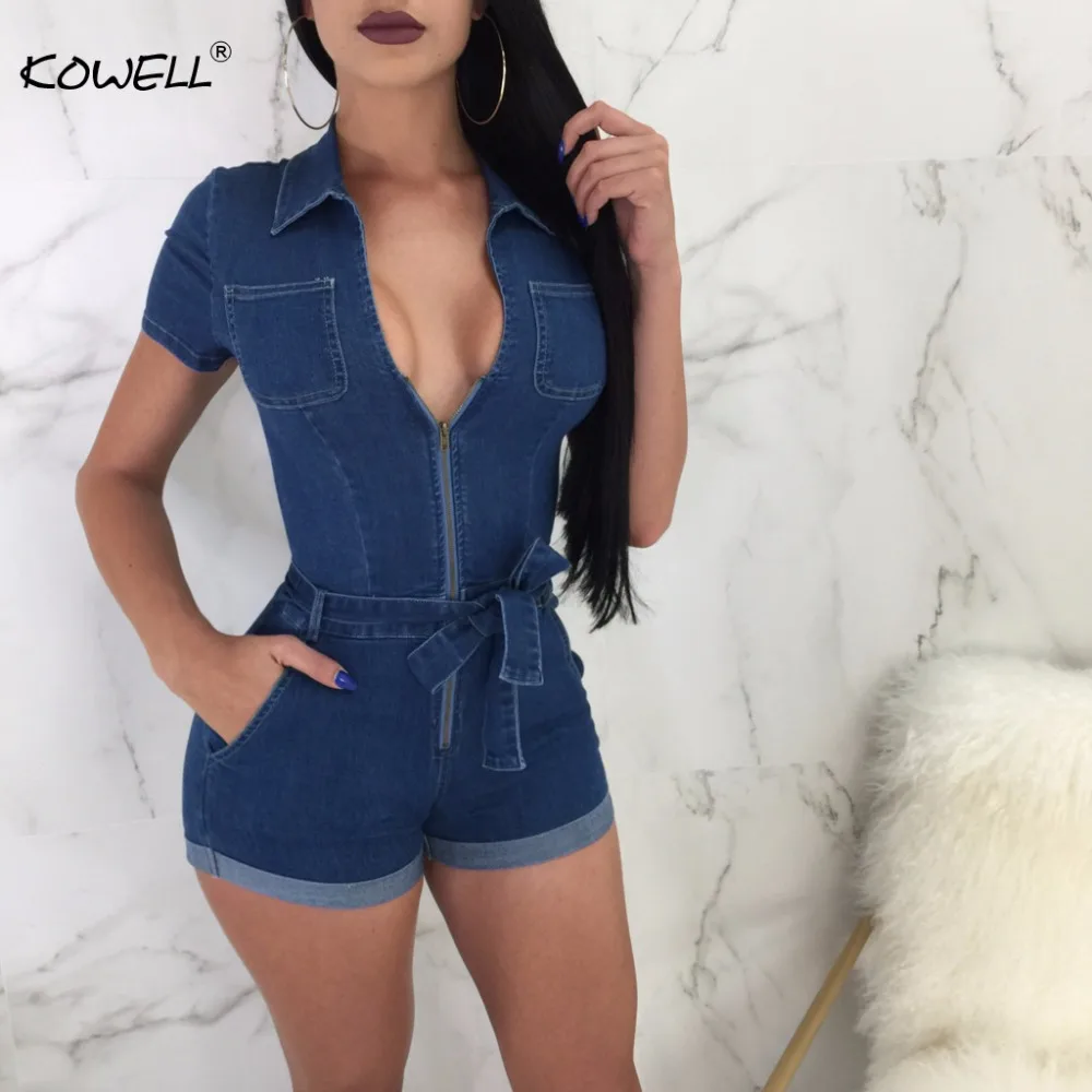 Heißer Verkauf Solide V-ausschnitt Sommer Strampler Frauen Zipper Schärpen Fitness Denim Overall Overalls Bodycon Sexy Overall-spielanzug Overall