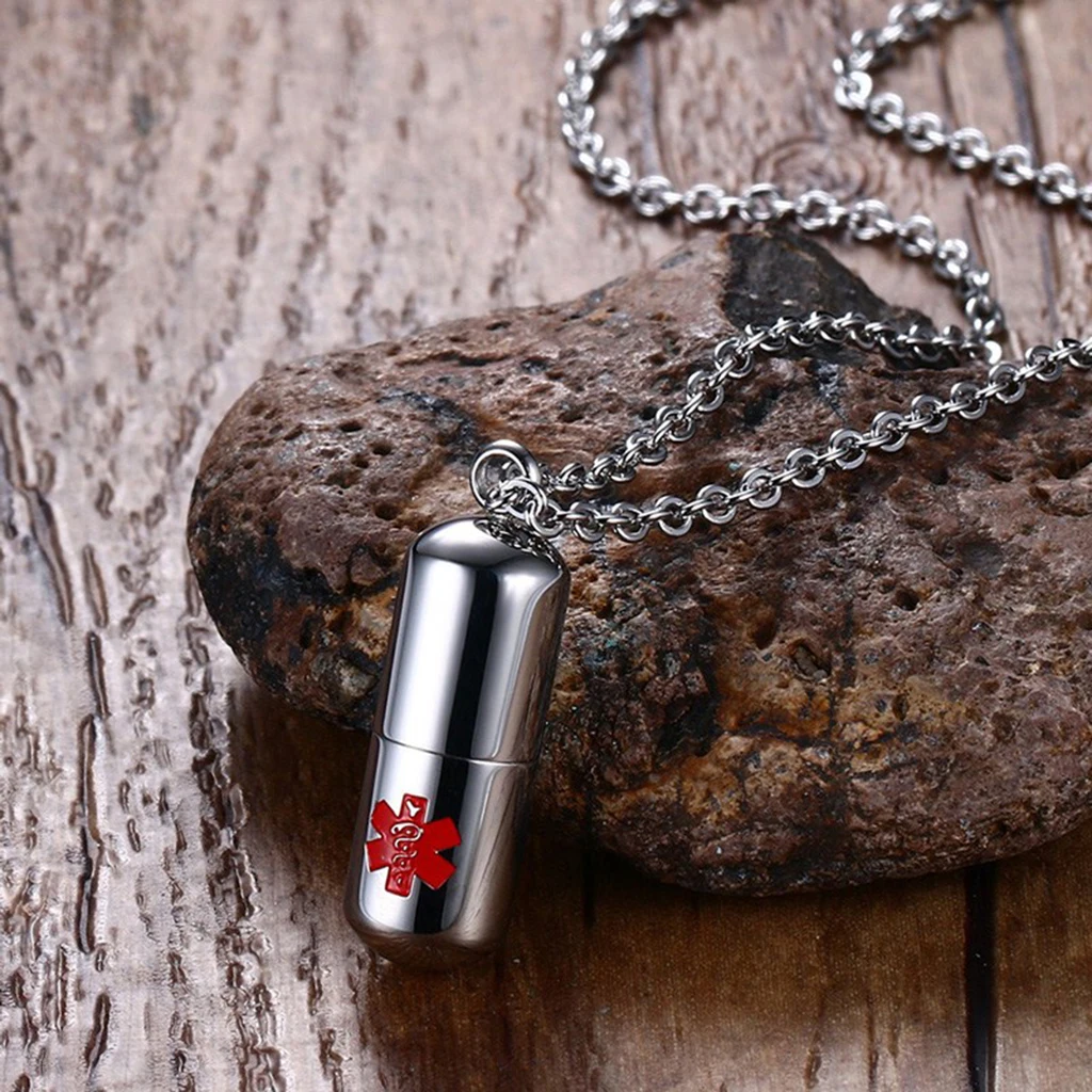Men Women Medical Alert Identification Necklace Pill Shape Container Storage Box Charm Pendant Stainless Steel