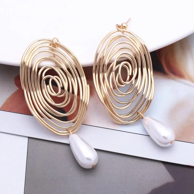 Korean Fashion Simulated Pearl Drop Earrings for Women Geometric Metal Pendant Ear Wedding Party Jewelry Accessories