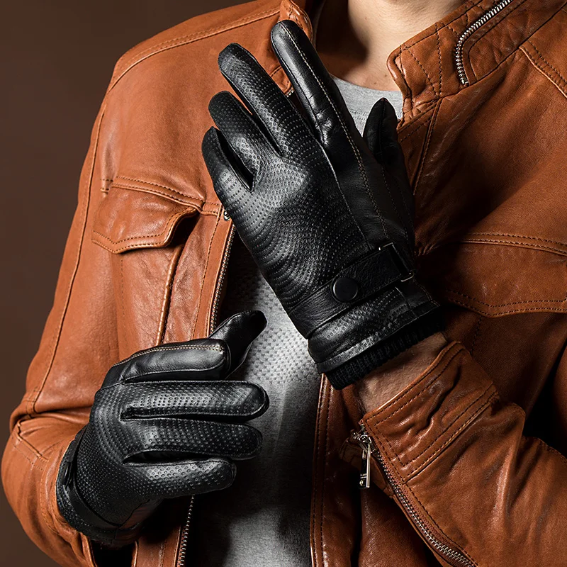 New Autumn Fashion Mens Leather Gloves Goatskin Belt Button Male Mittens Plus Velvet Warm Gloves For Men Outdoor Driving Gloves