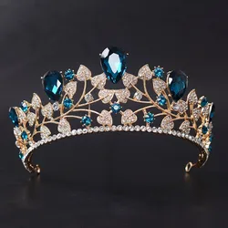 New Arrival Magnificent Blue Red Rhinestone Bridal Crown Tiaras Fashion Golden Diadem for Women Wedding Hair Accessories Jewelry