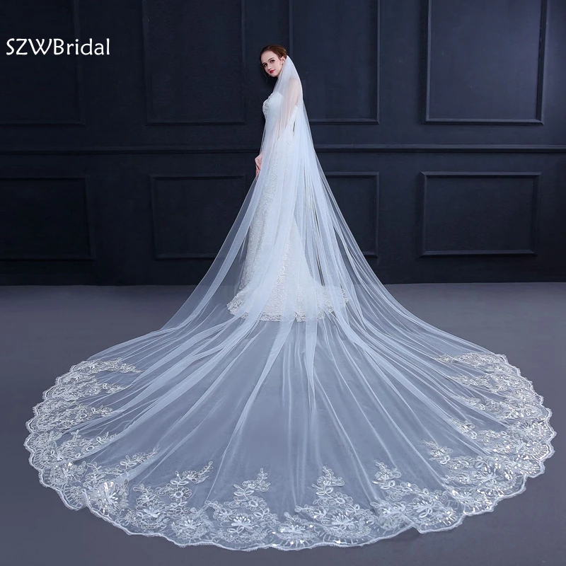 3 Meter White Ivory Cathedral Wedding Veils Long Lace Edge Bridal Veil with Comb Wedding Accessories Bride Veu Wedding Veil