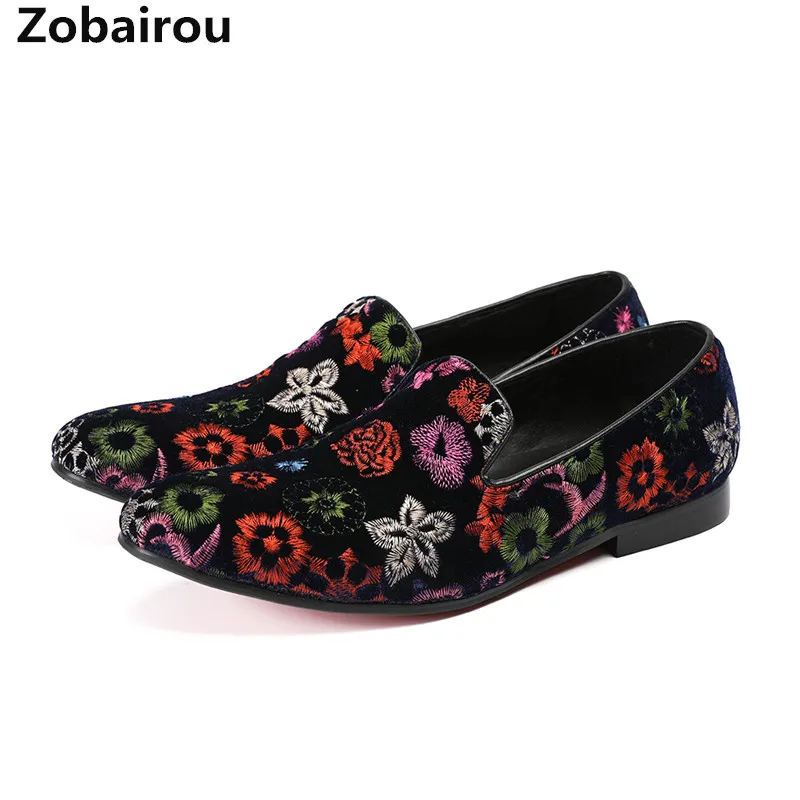 Zobairou brand mens italian leather shoes elegent floral slip on loafers print causal flats mens shoes formal wedding brogues