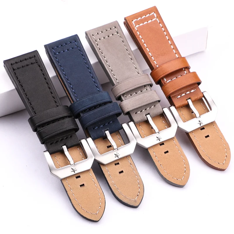 24mm Cowhide Watchband Black Brown Gray Blue Women Men Genuine Leather Watch Strap Bracelet Watch Accessories Pentagram Buckle