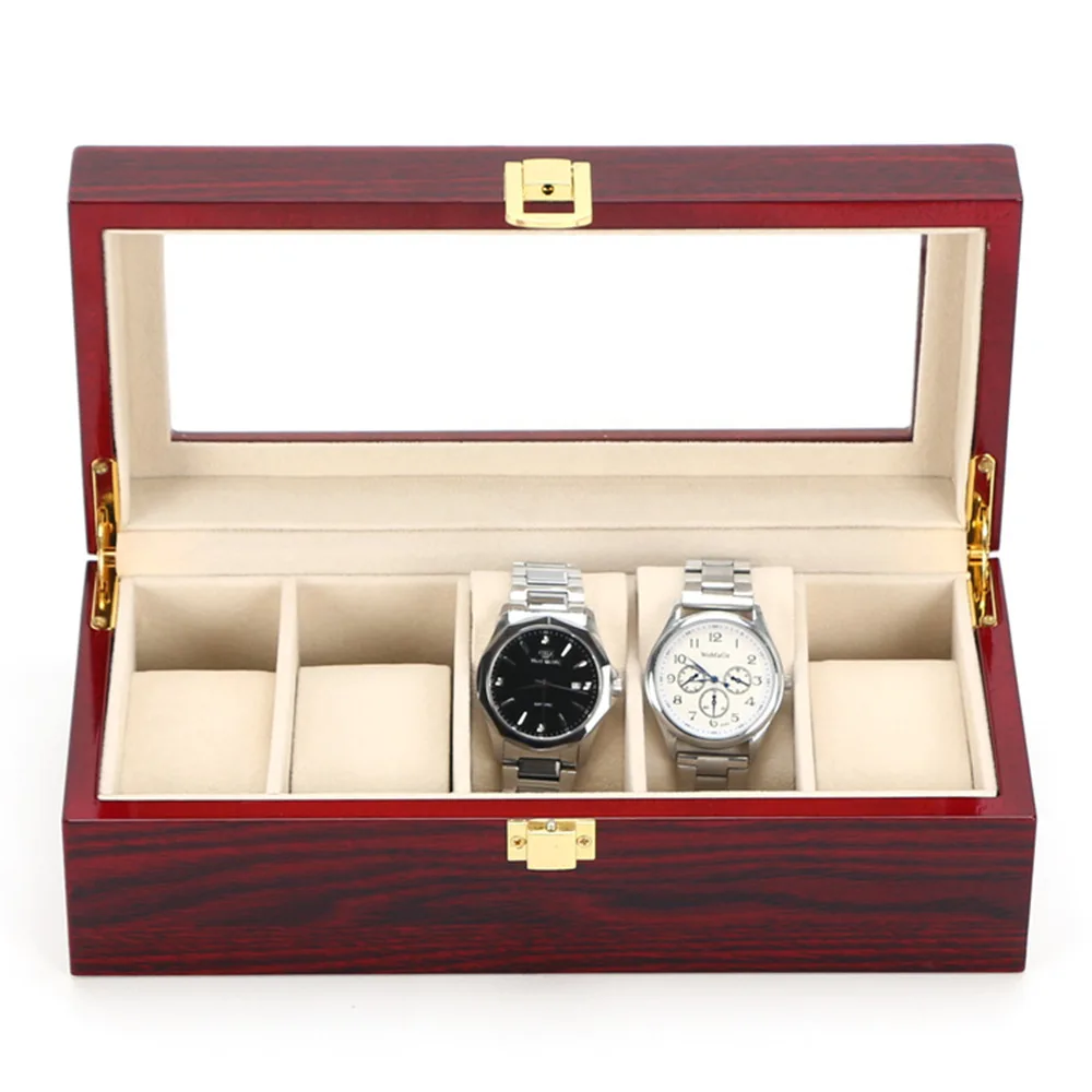 New 5 Slots Wood Watch Case Storage Box Wooden Watch Organizer Jewellry Storage Holder Boxes Red Watch Display