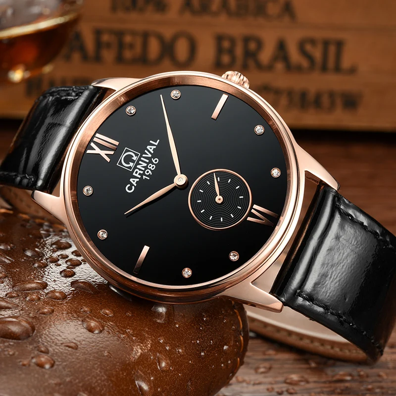 

Швейцария КАРНАВАЛ Элитный бренд Мода Япония MIYOTA Кварцевые мужские часы Водонепроницаемые ультратонкие часы с кожаным ремешком C8708-2