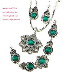 Hot New Style Antique Silver Blue Turquoise Natural Necklace Earrings Bracelet Vintage Stone Jewelry Set For Women Gift A2110