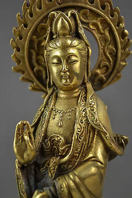 Elaborate Chinese Handwork Copper Vivid Kuan-Yin Standing On Lotus Pray Statue