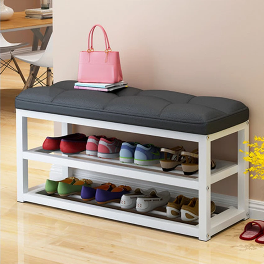 

Metal Frame Shoe Storage Stool Living Room Shoe Rack Simple Change Shoe Bench Organizer Flax/Leather Cushion Shoes Cabinet