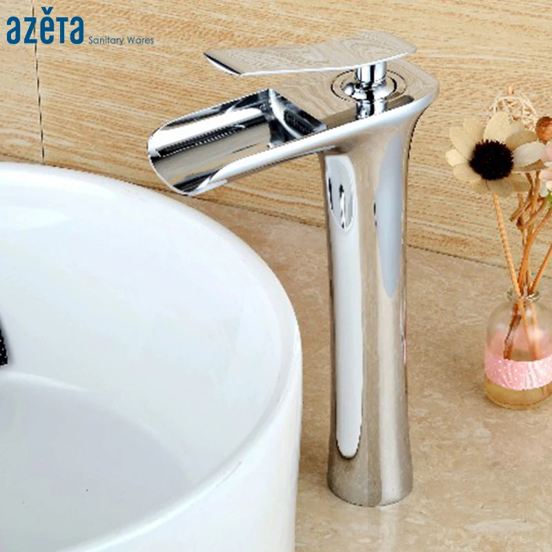 

Chrome Plated High Waterfall Basin Mixer Tap Bathroom Brass Material Zinc Handle Single Hole Deck Mounted Basin Faucet AT7206H