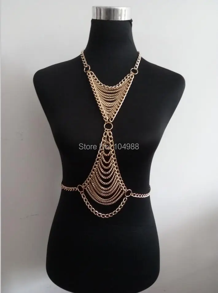 FREE SHIPPING NEW STYLE B733 Women Rock Harness Gold Colour Chains Unique Design V Necked Body Chains Jewelry 3 Colors B733