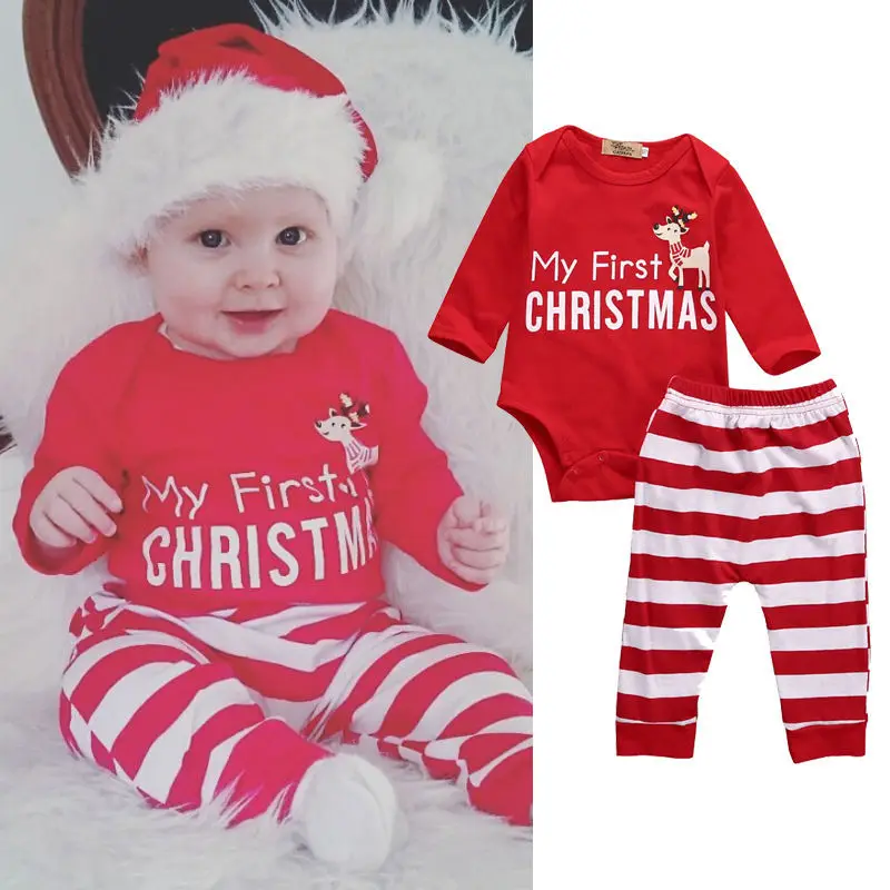 2024 2pcs My First Christmas Newborn Baby Girls Boys Long Sleeve Romper + Striped Pants Cartoon Baby Sets Cotton Clothing DS19