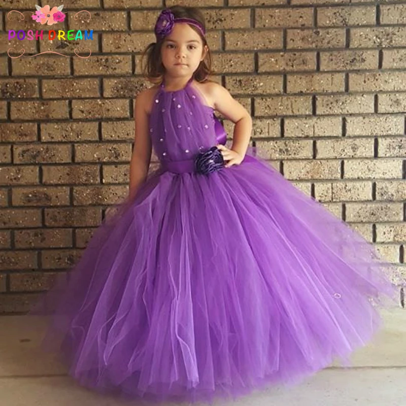 POSH DREAM Purple Rhinestone Flower Girl Tutu Dress for Wedding Purple Flower Pearls Girl Party Dress Flower Kids Girl Clothes