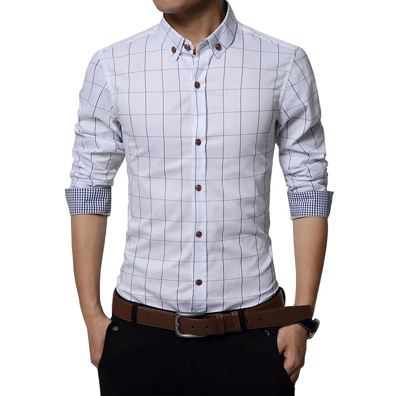 Camisa de algodón a cuadros para Hombre, ropa de negocios de manga larga, ajustada, nueva marca de moda, M-5XL