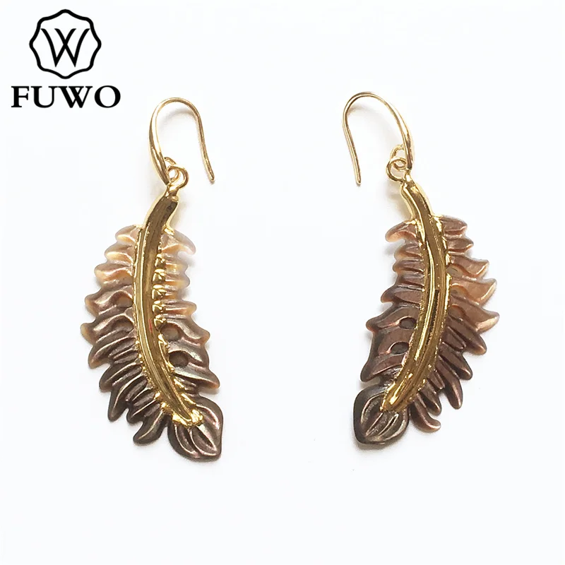 

FUWO Fashion Seashell Olive Leaf Earrings With Golden Filled Natural Shell Carved Leaves Earrings Jewelry Wholesale ER541