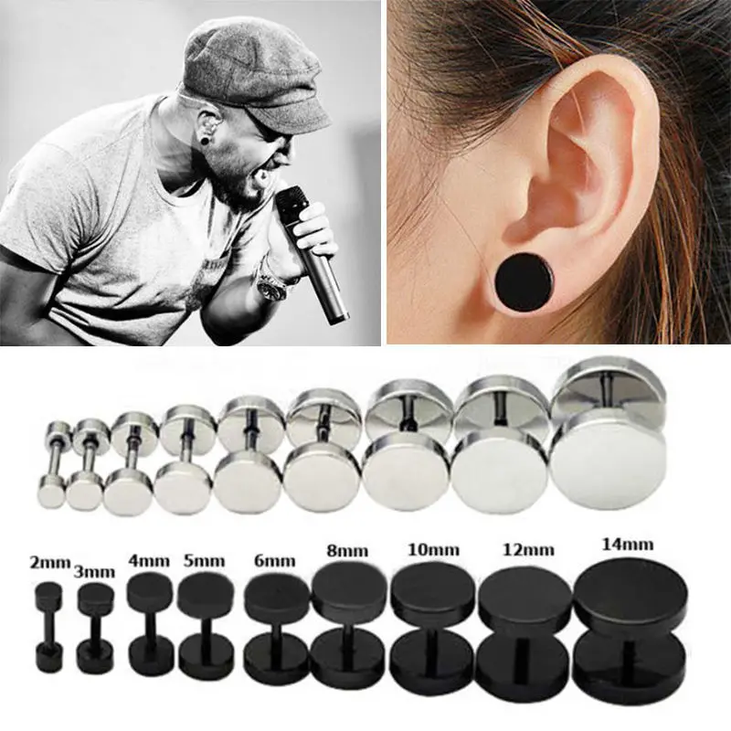 1 Pair Punk Style Medical Titanium Black Silver Round Barbell Stud Earrings Women Men\'s Gothic Jewelry Rock Piercing Earring