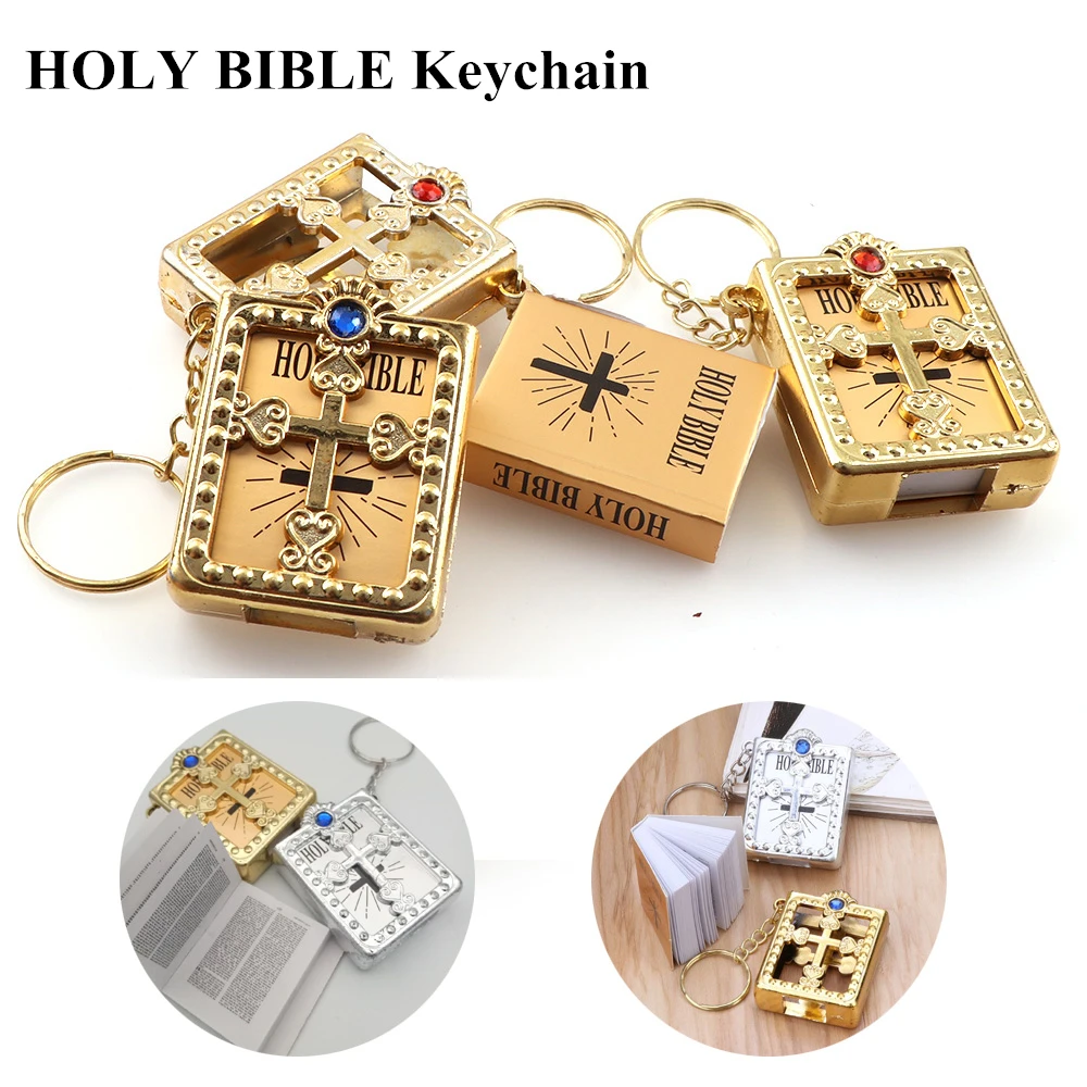 Gold and Silver color Mini HOLY Bible Keychain Religious Christian Jesus Cross Key Chain Women Prayer God Bless