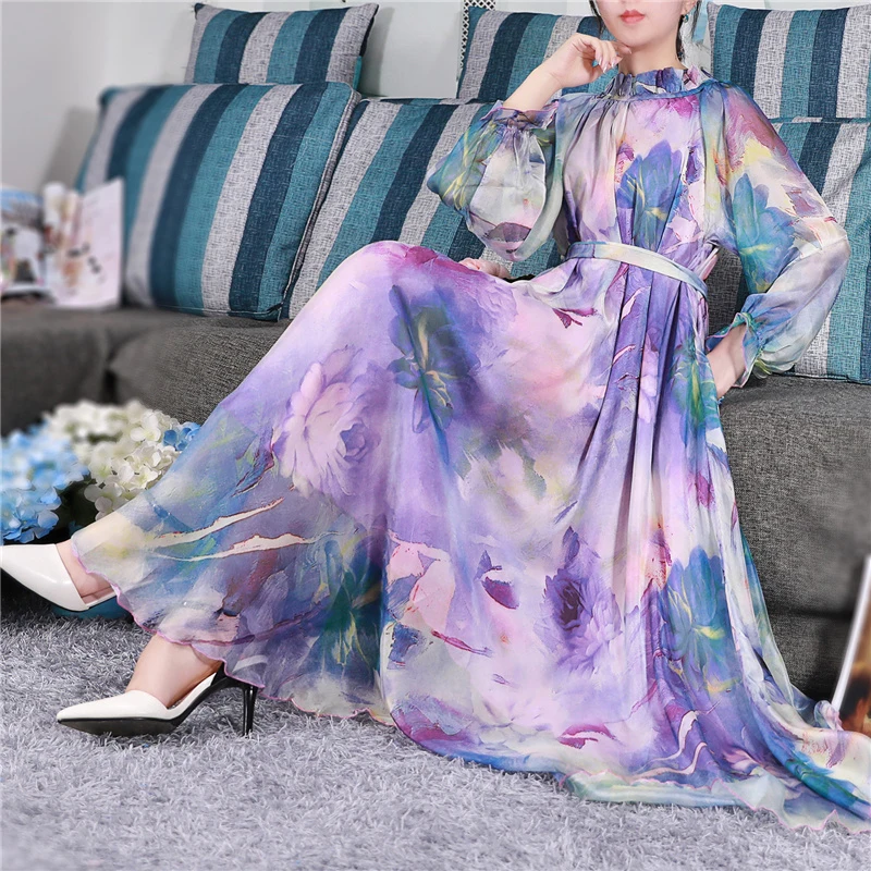 Bohemian Runway Maxi Dress Plus size Women\'s Long Sleeve Ruffle Vintage Floral Print Chiffon Party Holiday Long Maxi Dress Robe