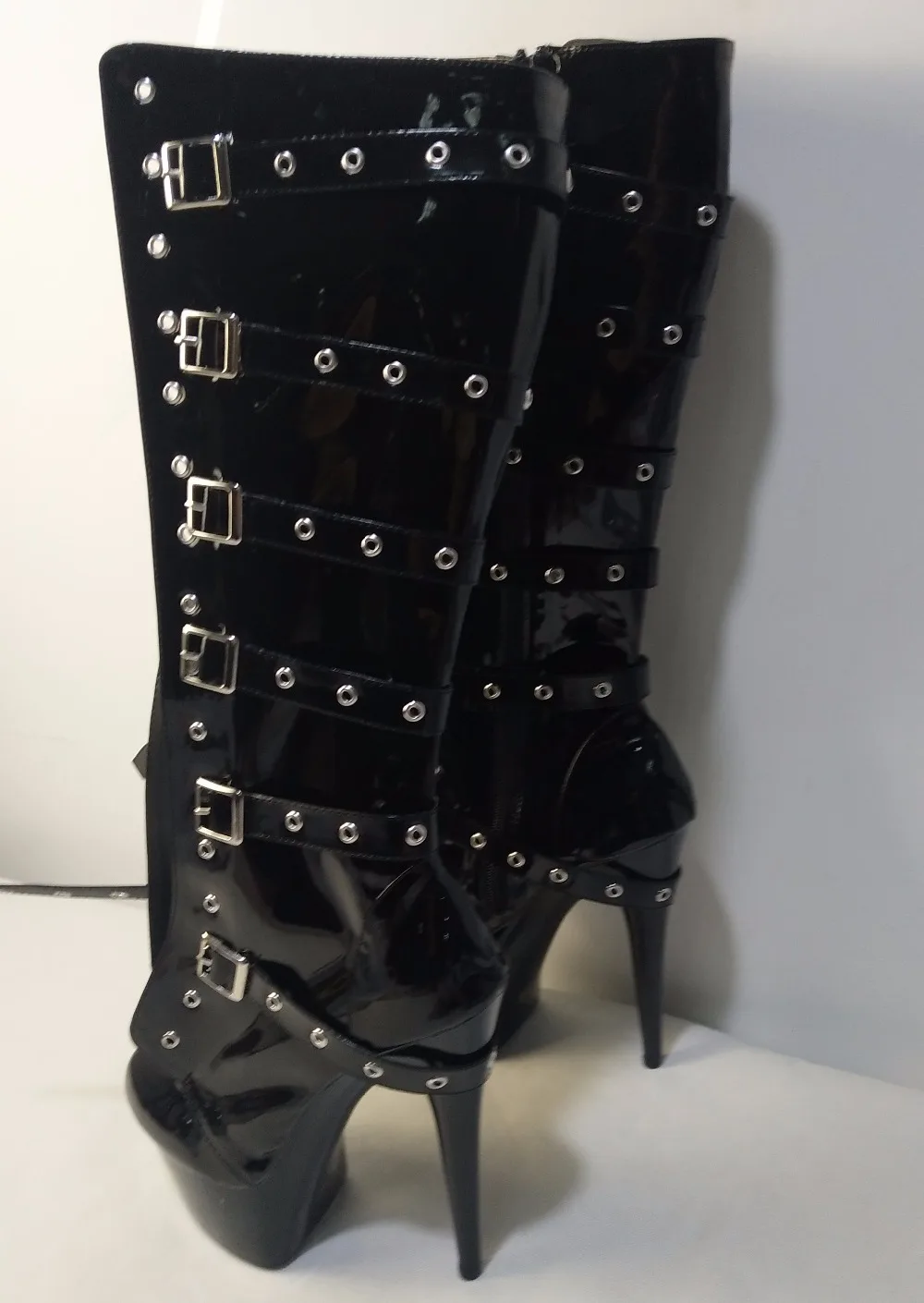 15cm high size sexy silver black paint high boots, PU material round head high heels, riveted buckle decoration sexy new boots