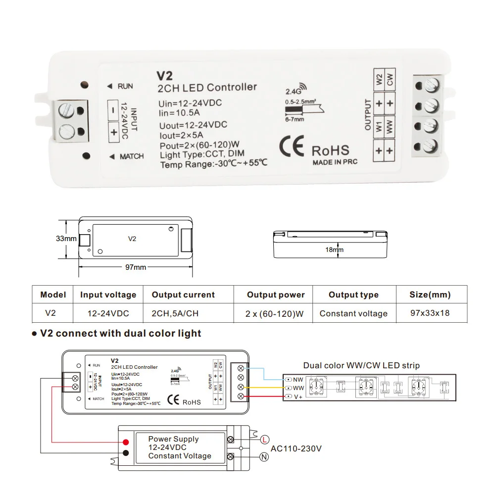 LED RF Controller 12V LED Dimmer 24V 2CH 2.4G Single Color CCT Light Strip LED Dimmer Controller Wireless Remote with Holder V2
