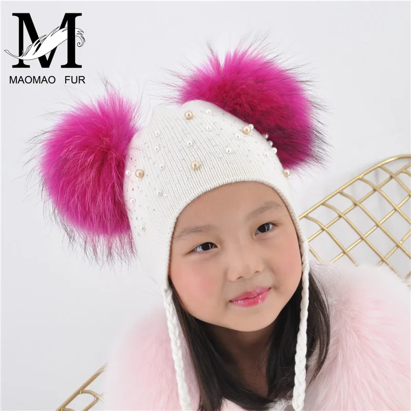 Kids Warm Winter Caps Double Fur Pom Pom Beanie Wool Knitted Hat For Baby Boys Girls Real Raccoon Fur Balls Beanie Cap Bonnet