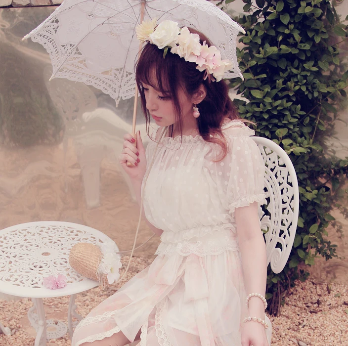 Princess sweet lolita shirt BoBON21 Original poka dot white short sleeve off shoulder lace condole belt two-piece set T1188