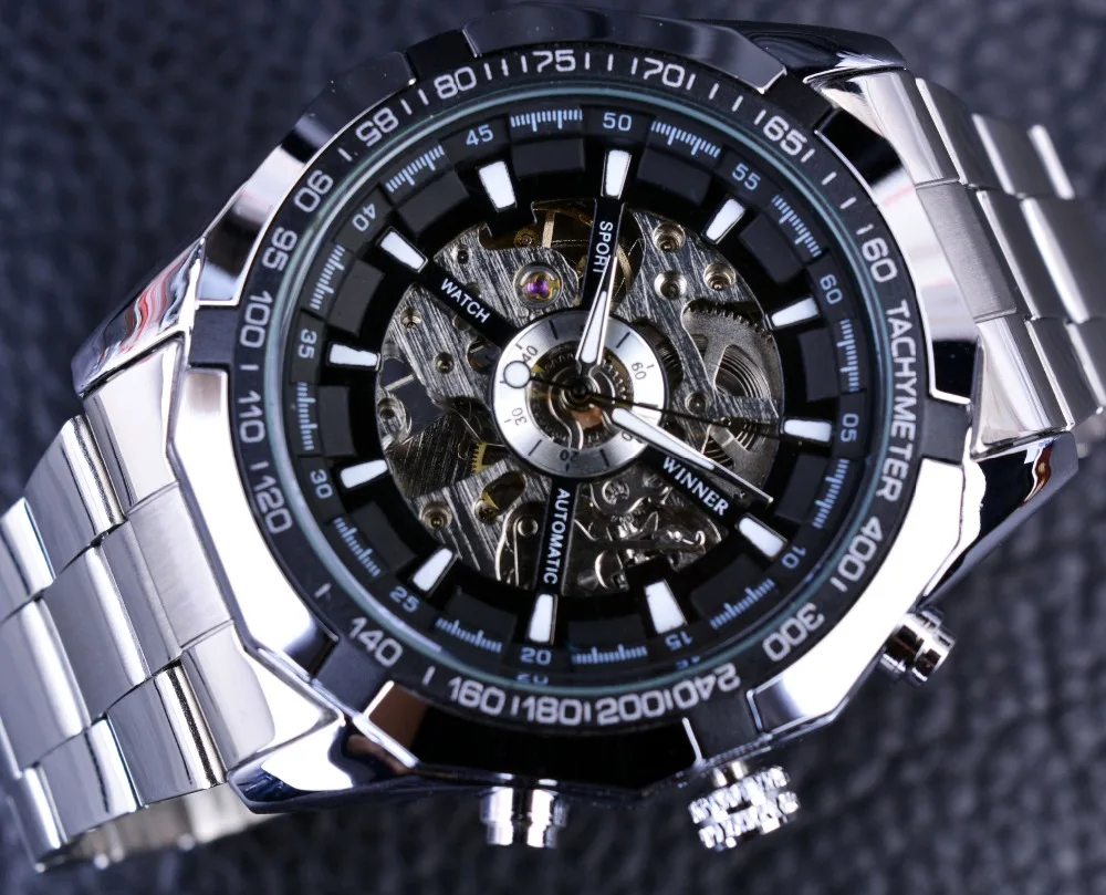 Winner Sport Skeleton Stainless Steel Designer Men Watch Top Brand Luxury Automatic Casual Mechanical Watch Clock Men Wristwatch