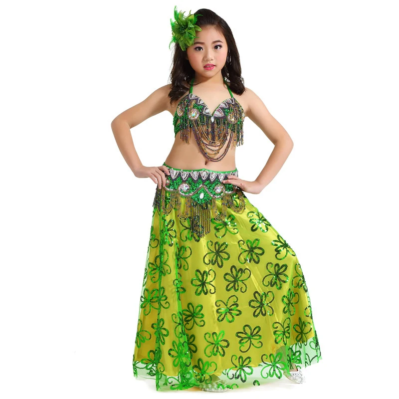 2018 New Arrivals Children Dance Wear Sequins Outfits Belly Dance Costume Stage Performance 3 Pieces Flower Skirt #853