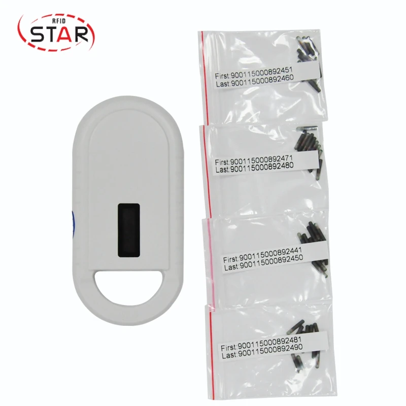

100pcs 1.25*7mm Smallest Rfid Microchips free encoding 134.2khz bioglass animal tags + 1pc 134.2 khz Pet rfid reader scanner