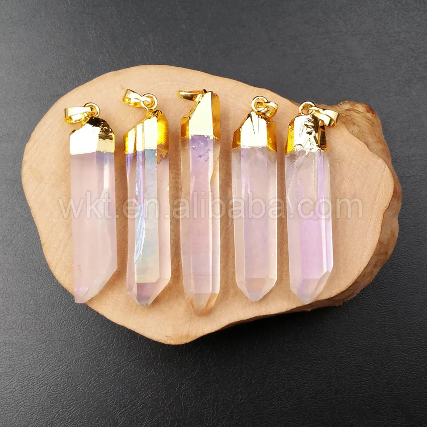 

WT-P996 Wholesale Natural crystal quartz point Angel Aura pendant, fashion gold color cap Aura crystal quartz point pendant