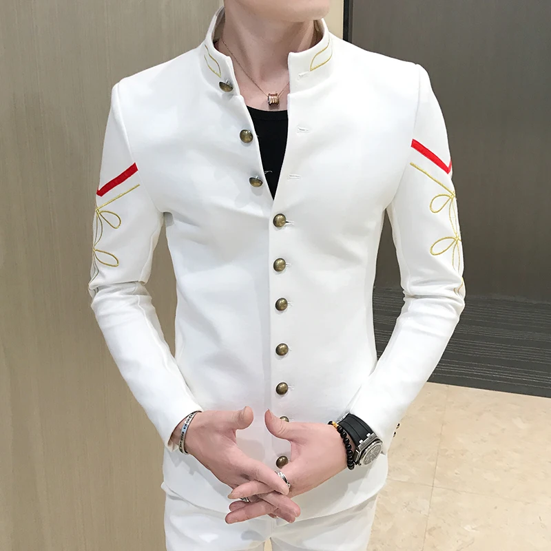 New gold multi-button blazer fashion boutique embroidery men\'s slim jacket military version of the bomber jacket men\'s clothing