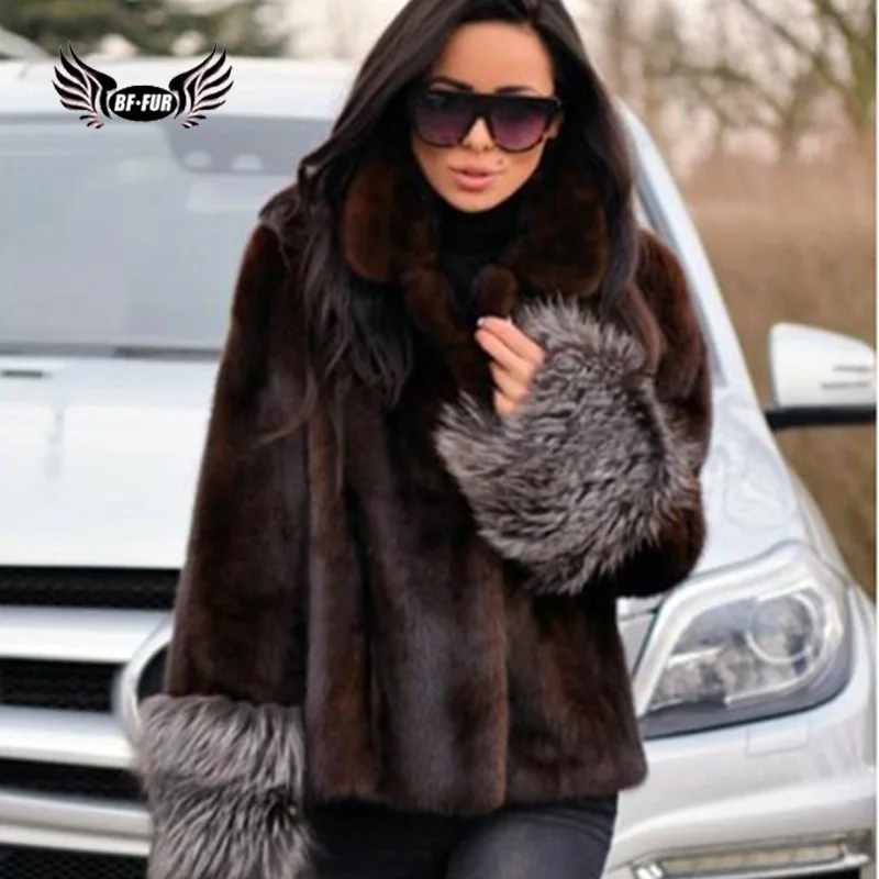 BFFUR Fashion Genuine Natural Mink Fur Coat Women Winter Short Outerwear Whole Skin Real Mink Fur Jacket With Fox Fur Cuff