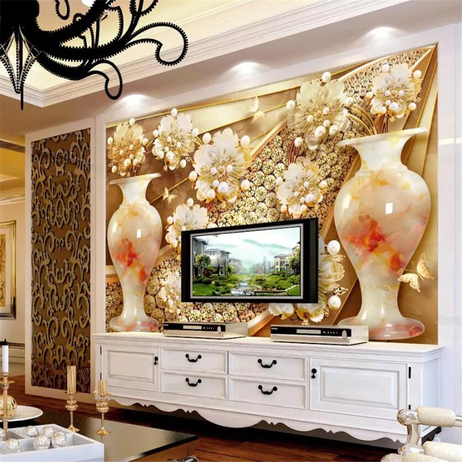 beibehang Custom wallpaper 3d photo mural jade carving vase diamond flower jewelry background wall living room bedroom wallpaper