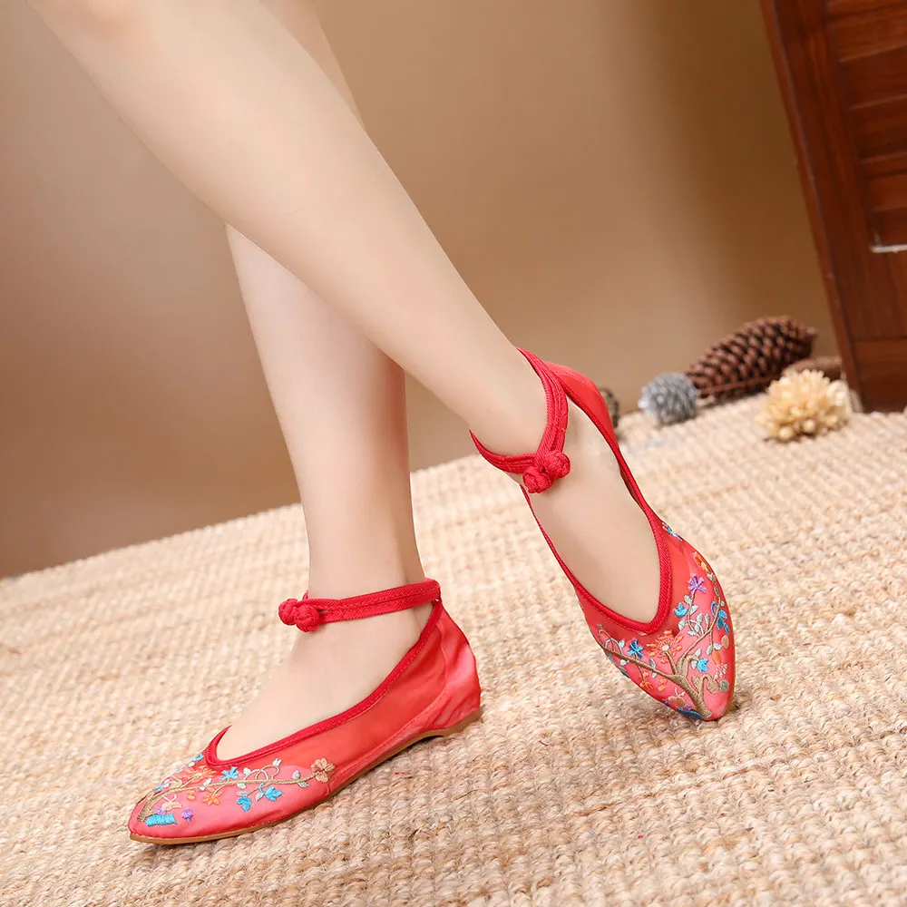 Veowalk Summer Gauze Fabric Women Pointed Toe Ballet Flats Chinese Style Ladies Breathable Ankle Strap Embroidery Dance Shoes