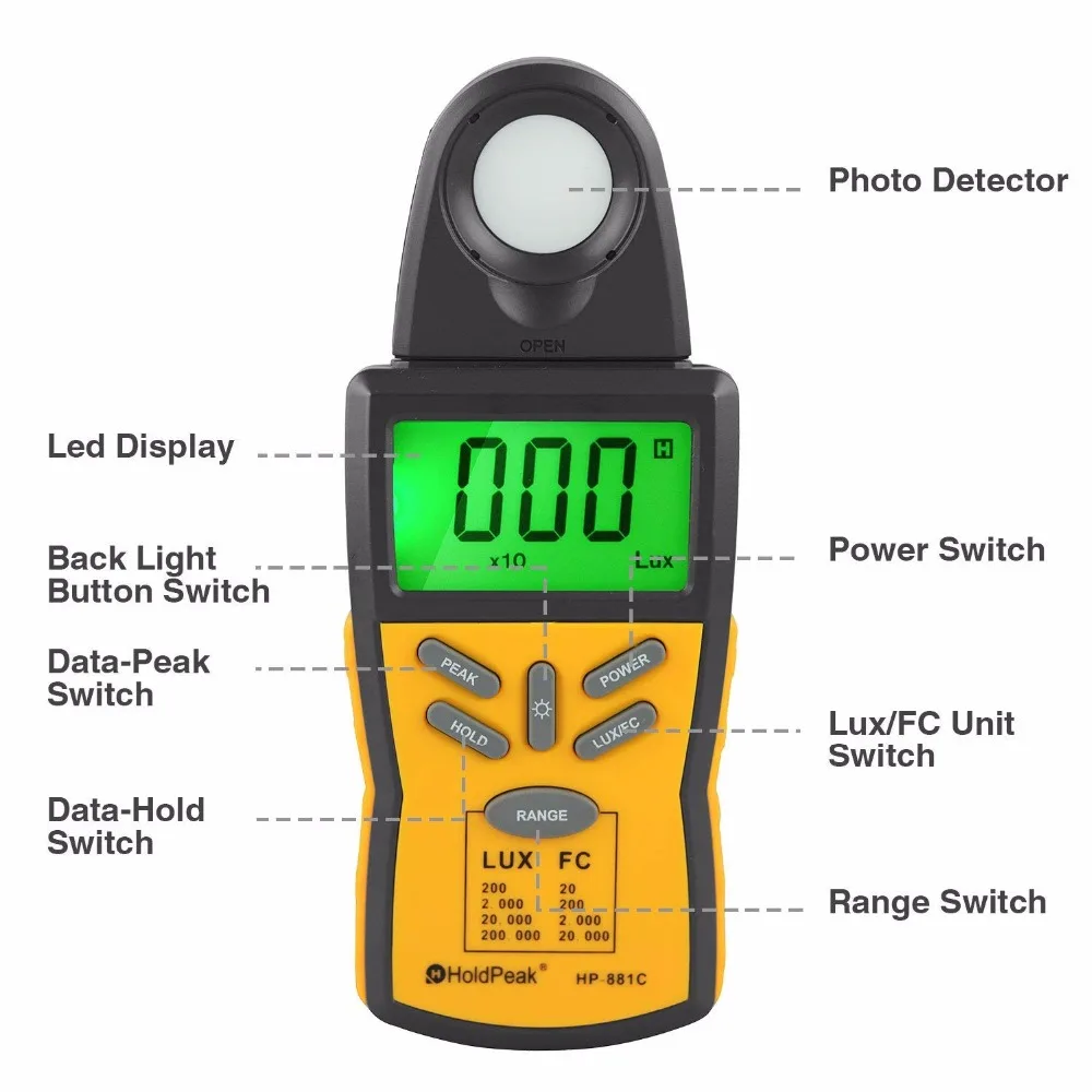 

Digital Lux Meter Photometer Illuminometer Spectrophotometer High Precision Light Meter 200,000 LUX/FC,HP-881C