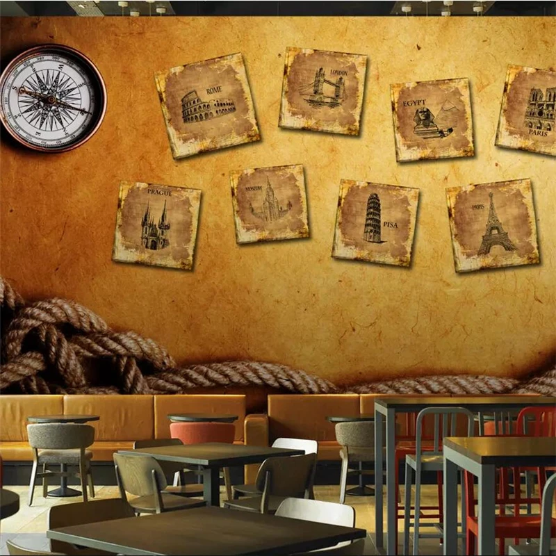 beibehang European retro nautical city building bar coffee mural shop background wall custom large mural green wallpaper