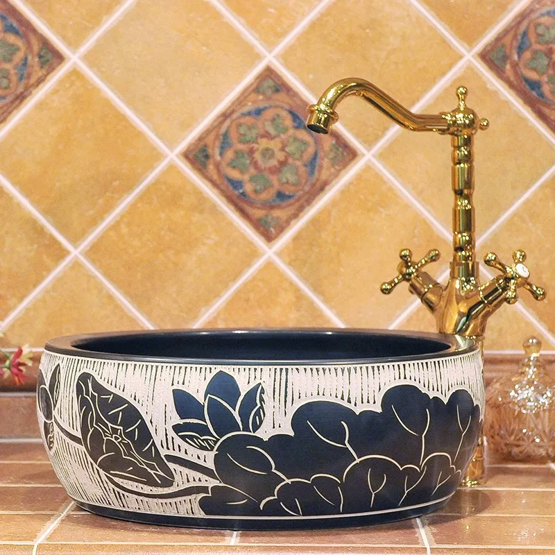 Home & Hotel Decor Artistic China wash basin Ceramic Art Bathroom Vessel Sinks Round counter top round hair wash basin